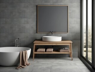 Wall Mural - Modern Bathroom with Freestanding Tub, Vanity, and Window