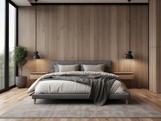 Wall Mural - Modern Minimalist Bedroom with Wooden Walls and a Grey Bed