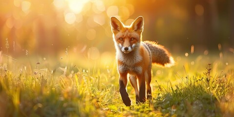 Wall Mural - Intrigued red fox balancing on one leg and moving closer to the camera in a sunlit summer meadow, showcasing its bright orange fur as it wanders through a vibrant green field.