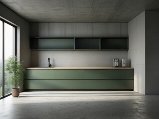 Wall Mural - Modern Kitchen with Green Cabinets and Concrete Walls