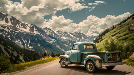 Rusty blue pickup truck driving through winding mountain road surrounded by scenic beauty.