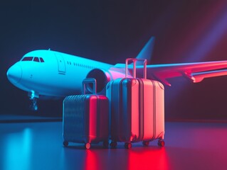 Travel Suitcases with Airplane in the Background.