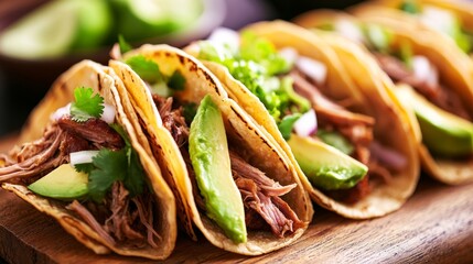 A close-up of scrumptious pulled pork tacos with avocado and lettuce, elegantly presented on a wooden table. National Taco Day theme