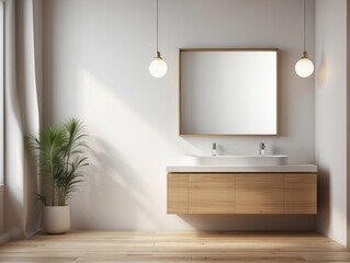 Wall Mural - Minimalist Bathroom with Wooden Vanity and Mirror