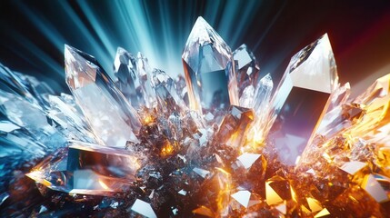 Group of sharp-edged faceted crystals, arranged in a dynamic explosion of light and color, creating a futuristic abstract background