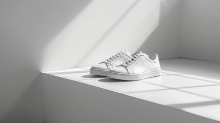 Wall Mural - A chic pair of white sneakers rests against a clean, minimalistic surface, bathed in soft natural light that highlights their elegant design and craftsmanship