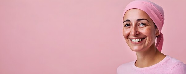 Portrait of a Smiling Woman Wearing a Pink Headscarf