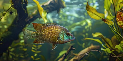 Sunfish enveloped by diverse underwater plant life