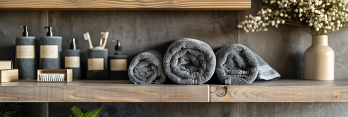Poster - Elegant hotel product display showcasing neatly arranged rolled towels alongside modern wooden accents and containers.