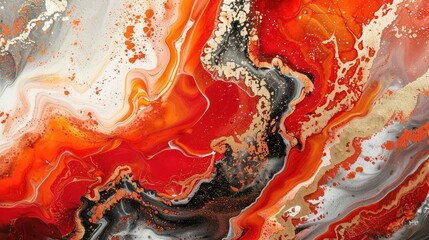 Wall Mural - Red and coral fluid art with marble effect on canvas. Gradient orange acrylic splash with alcohol ink waves on stone backdrop.