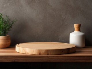 Wall Mural - Wooden Cutting Board on a Table with a Vase and a Plant