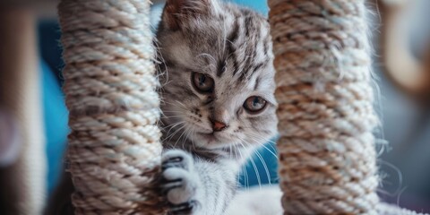 Wall Mural - Silver tabby British Shorthair kitten cleaning itself by licking its paw on a cat tower.