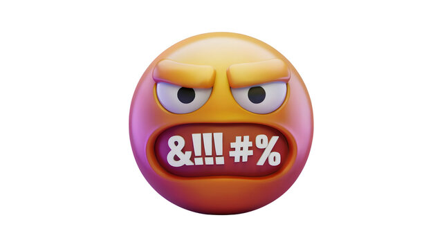 A 3D rendering of an angry, glaring emoji with clenched teeth showing symbols like 