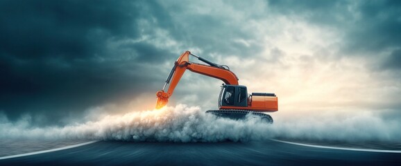 A large orange construction vehicle is driving through a cloud of dust