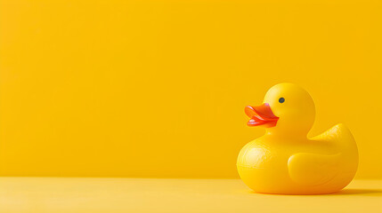 A bright yellow rubber duck sits on a matching daffodil yellow background, shining brightly.