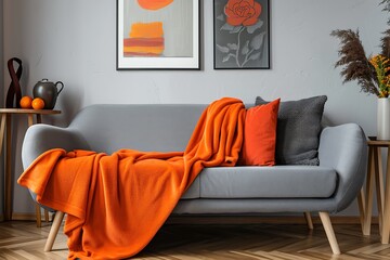 Modern living room interior with grey sofa, coffee table and orange pillows