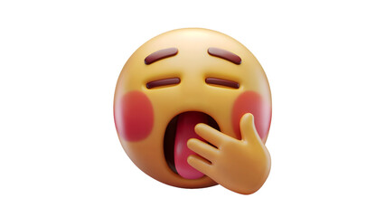 A rendering of a 3D emoji with a sleepy expression, yawning while covering its mouth with one hand, and its eyes closed