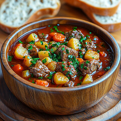 Traditional Hungarian beef goulash in a rustic wooden bowl with hearty chunks of beef, potatoes, and carrots in a rich paprika broth, garnished with fresh parsley, served with bread.