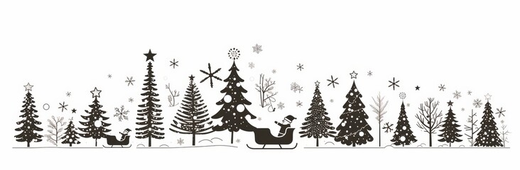 Poster - Simple Line Drawing of Christmas Trees, Presents, and Santa Claus on Sleds in Minimalist Style with White Background and Large Empty Space