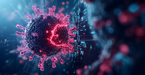 Wall Mural - A virus is shown in a close up with a red and blue background