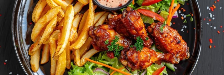 Canvas Print - Crispy chicken wings accompanied by a fresh salad and golden French fries.