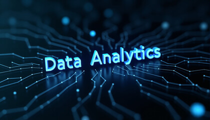 Poster - Data Analytics Text in Digital Network: The phrase Data Analytics highlighted within a digital network, symbolizing big data, analysis, and business intelligence systems.