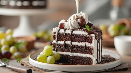 Wall Mural - A chocolate cake with fresh grapes, whipped cream, and chocolate ganache.