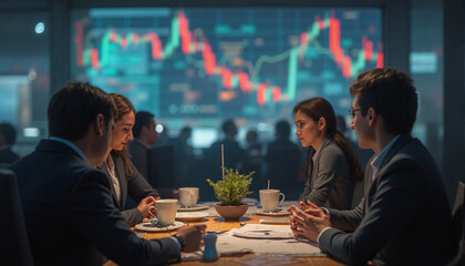 Poster - Team meeting with a focus on stock market trends, illustrating the dynamics of decision-making in the financial world.