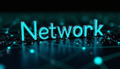 Poster - Network Text in Connected Digital Grid: The term Network highlighted within a digital grid, representing the infrastructure for global communication and data transfer.