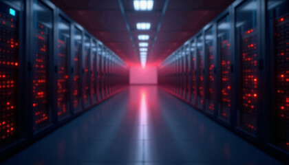 Poster - data center with a bright red light and illuminated servers. the dark blue walls and high ceiling ad