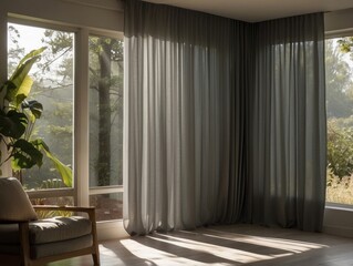 Wall Mural - A Room with Grey Curtains and a View of a Foggy Forest Through Windows