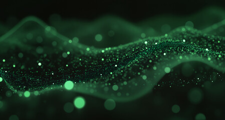 Poster - An abstract digital image with a green background featuring dots and lines. The design represents a complex network or system within a technological or biological context.