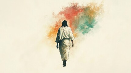 Jesus in a white robe with a colorful explosion of color. Rear view. Digital painting.