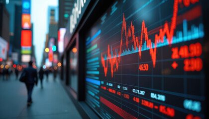 Poster - Digital Stock Display on City Building: A digital stock market display on a city building, representing financial data integration and modern urban environments.