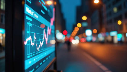 Poster - Financial Data Display on City Street at Night: A financial data display on a city street at night, showcasing real-time stock market information.