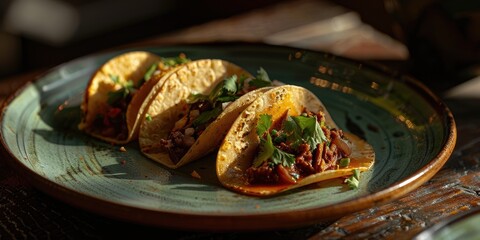 Wall Mural - Lateral perspective of a dish featuring three tacos