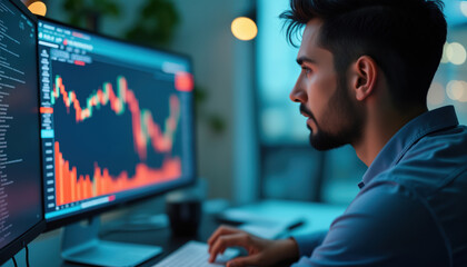 Poster - Trader Analyzing Stock Market Trends on Screens: A trader analyzing stock market trends on multiple screens, representing strategic financial planning and analysis.