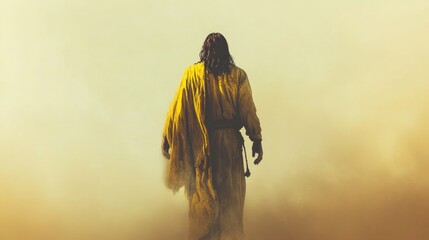 Jesus Christ in a yellow robe in the smoke. Rear view.