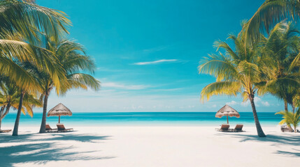 Tropical sea beach scene with clear turquoise water, white sandy shore and palm trees under a bright blue sky on a sunny day