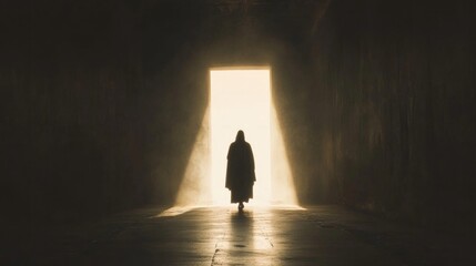 Wall Mural - Resurrection. Silhouette of a man walking through an old door towards the light.