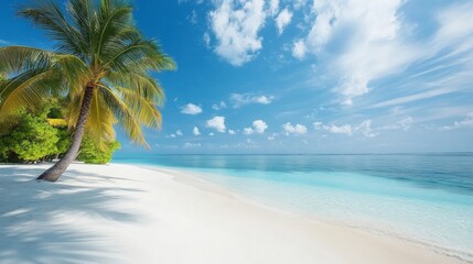 Tropical sea beach scene with clear turquoise water, white sandy shore and palm trees under a bright blue sky on a sunny day