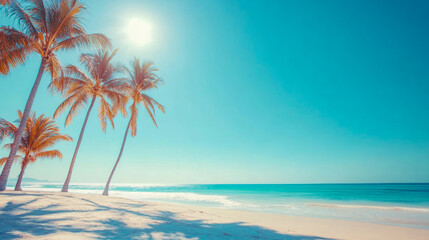 Tropical sea beach scene with clear turquoise water, white sandy shore and palm trees under a bright blue sky on a sunny day