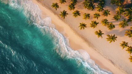 Tropical sea beach scene with clear turquoise water, white sandy shore and palm trees under a bright blue sky on a sunny day