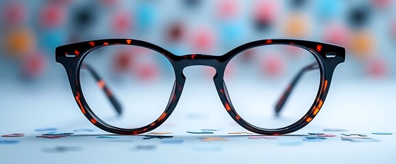 A pair of stylish eyeglasses on a colorful background with scattered pieces.