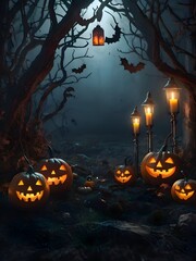 Wall Mural - Halloween Pumpkin Ghost Night Fantasy Illustration