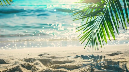 Wall Mural - Tropical beach view with sparkling ocean water and palm foliage