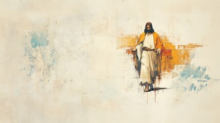 Wall Mural - Jesus Christ in front of an old wall with copy space for text.