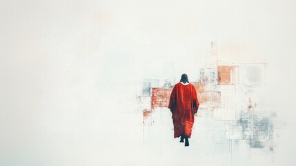 Wall Mural - Jesus in red walking forward, with a coloured, blurred background. Conceptual image.