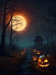 Wall Mural - Halloween Pumpkin Ghost Night Fantasy Illustration