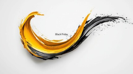 Abstract Black Friday sale banner featuring sweeping yellow and black brush strokes with paint splashes on a clean white background.